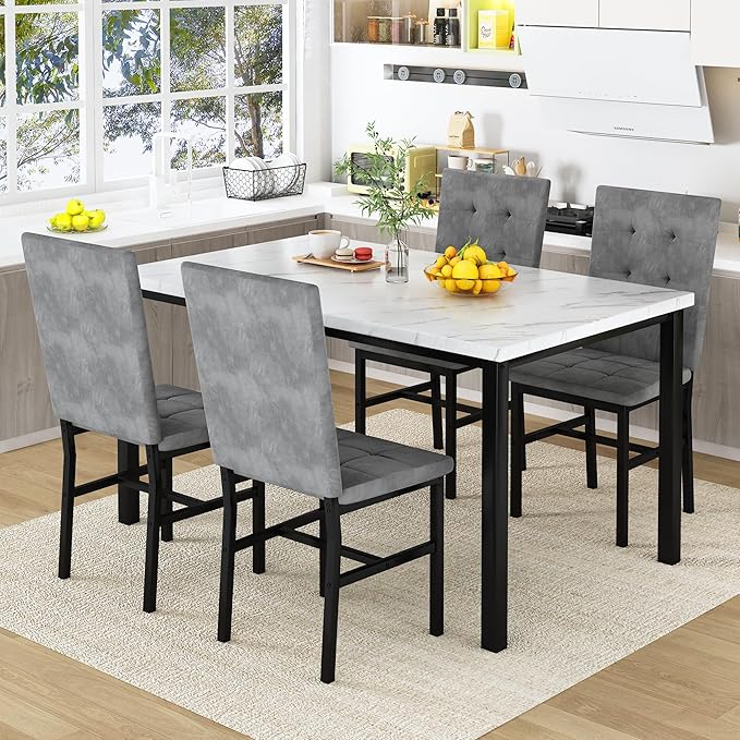AWQM Dining Table Set for 4,Faux Marble Kitchen Table and Chairs Set of 4, Modern Dining Room Set for 4,Dinner Table Set with Velvet Chairs, Dining Set for Small Spaces,White & Grey