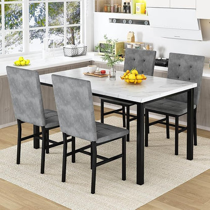 AWQM Dining Table Set for 4,Faux Marble Kitchen Table and Chairs Set of 4, Modern Dining Room Set for 4,Dinner Table Set with Velvet Chairs, Dining Set for Small Spaces,White & Grey