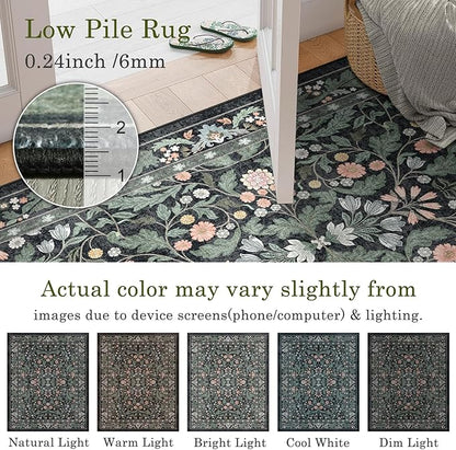 Dark Green Floral 8x10 Area Rugs for Living Room Large Washable Rug Vintage Forest Low Pile Non Slip Stain Resistance Soft Carpet for Dining Room, Bedroom, Kids Room, Nursery Room, Playroom