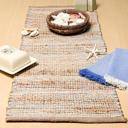 Natural Jute Table Runner, 13x36 Inch, Sky Blue-White | Vintage Boho Rustic by ChardinHome