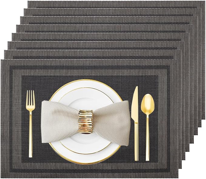 Black Gold Vinyl Placemats Set of 8, Heat Resistant Table Placemats | 18x12 by Uolr