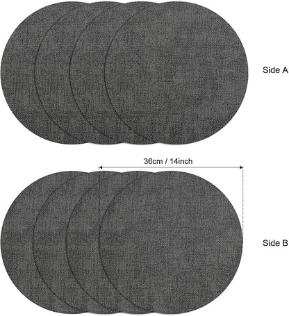 Myir JUN Round Placemats, Dual Sided Faux Leather Place Mats Set of 4 Indoor/Outdoor Non-Slip Washable Table Mats (Gray, Set of 4)