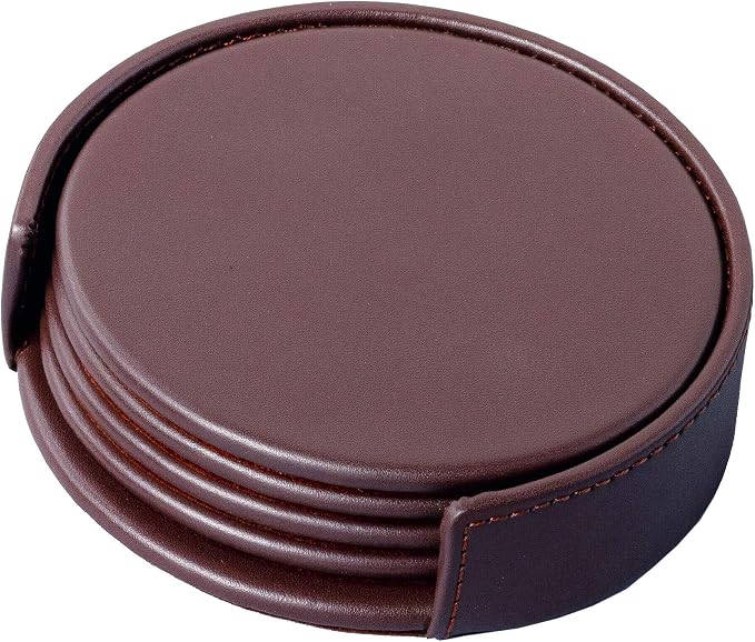 Dacasso Chocolate Brown Leather 4-Round Coaster Set - Image 3