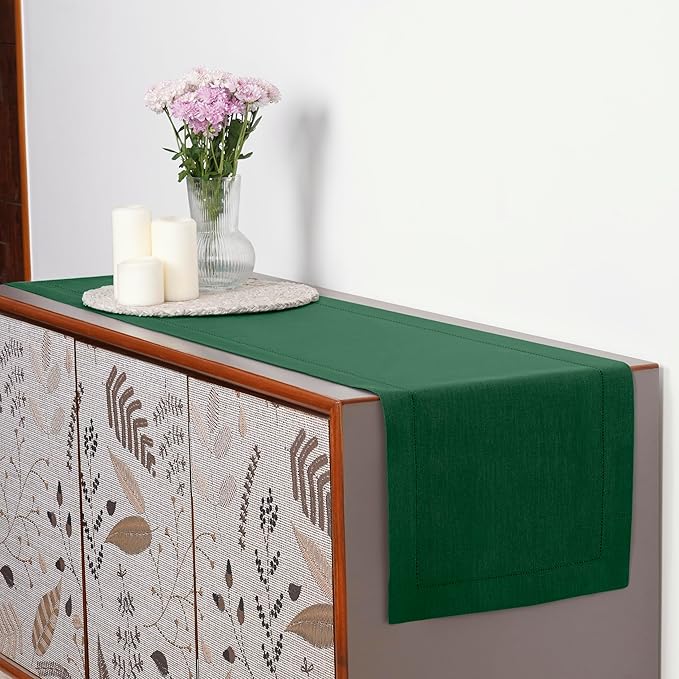 D'Moksha Homes Linen Forest Green Table Runner 60 Inches - Classic Hemstitch, 100% Pure Linen Coffee Table Runner 14 x 60 Inch Ideal for Dresser Tables - St Patricks Day, Easter