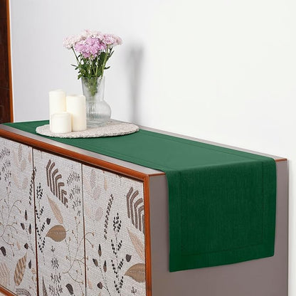 D'Moksha Homes Linen Forest Green Table Runner 36 Inches - 100% Pure Linen Small Table Runner 14 x 36 Inch Ideal for Dresser, Coffee Tables, St Patricks Day, Easter - Classic Hemstitch