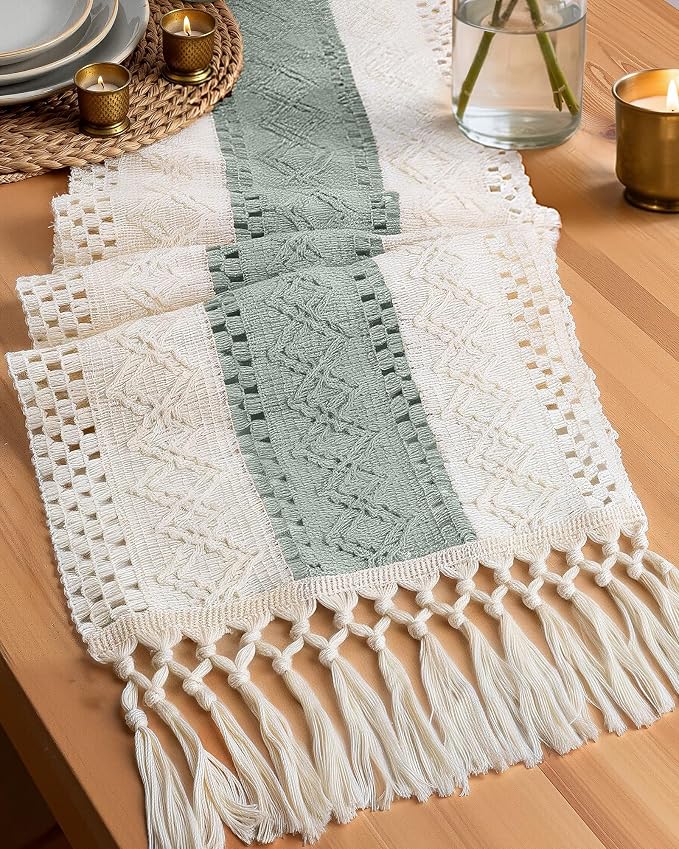 Pureegg Boho Table Runner 12 x 72 Inch, Sage Green, Woven Tassel Design | by Pureegg