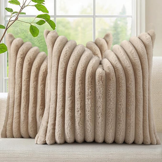 decorUhome Cozy Faux Fur Throw Pillow Covers 24x24 Set of 2 Decorative Soft Plush Striped Modern Farmhouse Boho Couch Euro Sham Pillow Cases with Velvet Back for Sofa Bed Living Room, Khaki Brown