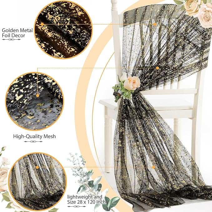 SiinvdaBZX 4 Pcs Black Gold Sheer Tulle Table Runner 120 Inch/10 Ft Long | - Image 4