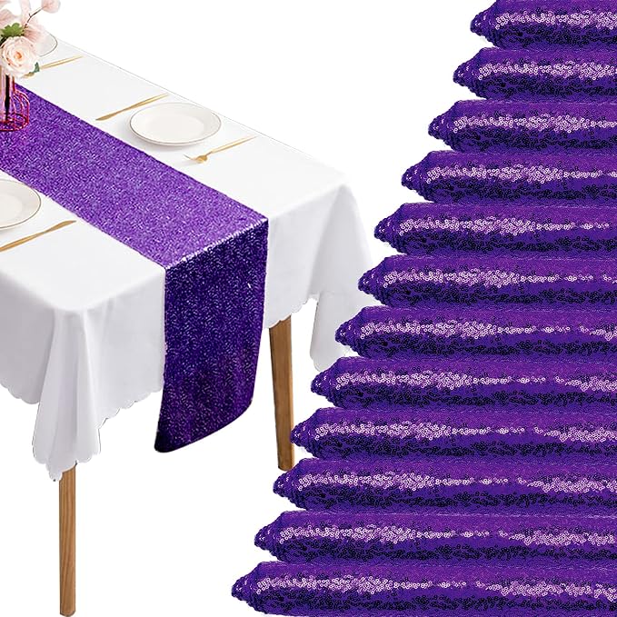 12 Packs 12 X 72 Inch Purple Sequin Table Runner Glitter Dining Table Runner by Fivenl