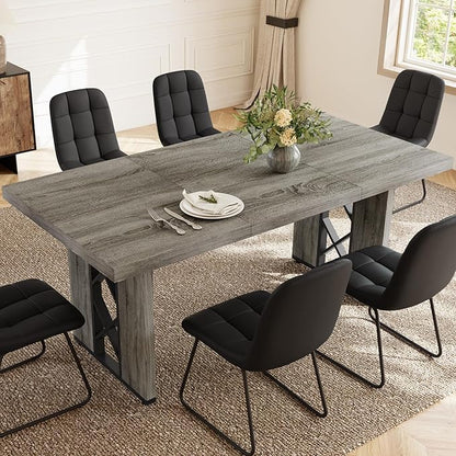 7-Piece Dining Table Set for 6 People, 70.8" MDF Kitchen Table with 6 Upholstered Chairs, Space-Saving for Dining Room, Breakfast Nook(Grey Table+6 U-Shaped Black Chairs)