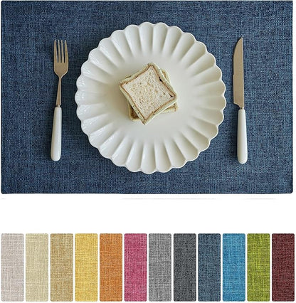 Softalker Faux Linen Placemats Set of 12-12 x 18 Inch, Heat Resistant Double Layered Durable Burlap Farmhouse Place Mats, Non-Slip Washable Rustic Table Mats for Dining, Kitchen, Party（Navy Blue