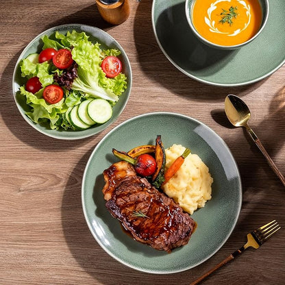 AmorArc Ceramic Dinnerware Sets for 6, 18 Pieces Handpainted Plates and Bowls Set, Scratch Resistant Stoneware Dishes Set, Dishwasher & Microwave Safe, Jade Green