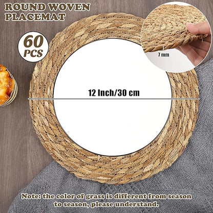 Kochorie Set of 60 Round Woven Placemats 12 Inches Bulrush Placemats Natural Hand-Woven Boho Rattan Placemat Wicker Table Mats Farmhouse Weave Place Mats for Home Dining