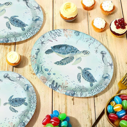 50Pcs Coastal Turtle Oval Paper Plates 10" X 12" Large Disposable Heavy Duty Ocean Blue Sea Turtles Paper Platters Sea Coral Starfish Plates for Holiday Summer Birthday Party Supplies
