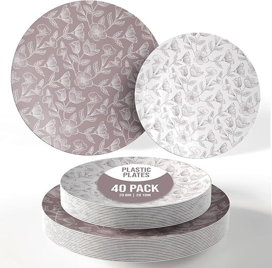 Trendables Disposable Dinnerware Decorative Plates Plastic Disposable Plates Set For 20 Guests 20 x 8 Inch Dessert Plate & 20 x 10 Inch Wedding Party Plate Set Blossom Circle