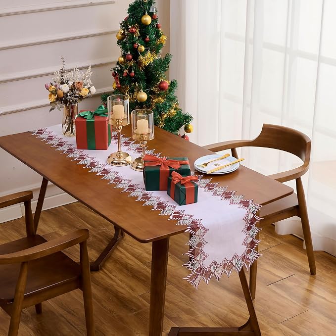 White Sheer Lace Table Runner Dark Red 120" Christmas Table Runners | Red White - Image 3