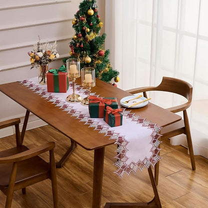 White Sheer Lace Table Runner Dark Red 120" Christmas Table Runners | Red White - Image 3