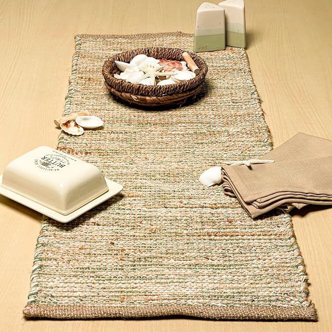 Natural Jute Table Runner, 13x48 Inch, Sage Green-White | Vintage Boho Rustic by ChardinHome