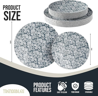 Trendables Disposable Dinnerware Decorative Plates Plastic Disposable Plates Set For 20 Guests 20 x 8 Inch Dessert Plate & 20 x 10 Inch Wedding Party Plate Set Garden Damask