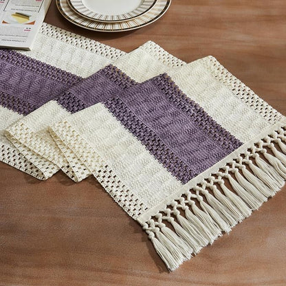 Macrame Style Bicolor Stitching Table Runner 14x108in Purple | Woven Boho Table by ZEEMARTONLINE
