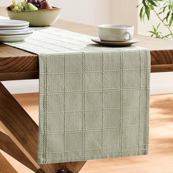 Linen Checked Farmhouse Table Runner, 13x60 Inches Seeding Green | Raised Grid - Image 4