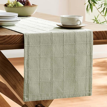 Linen Checked Farmhouse Table Runner, 13x108 Inches Seeding Green | Raised Grid - Image 4
