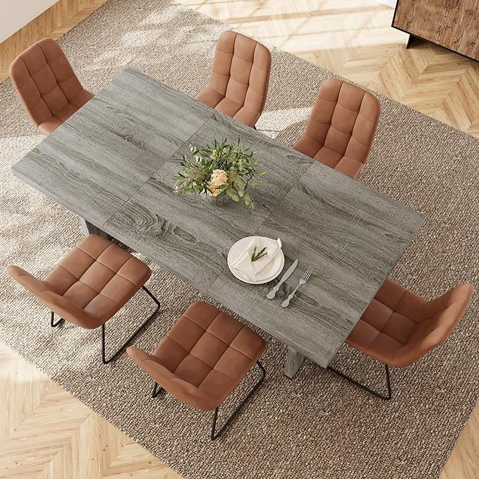 7-Piece Dining Table Set for 6 People, 70.8" MDF Kitchen Table with 6 Upholstered Chairs, Space-Saving for Dining Room, Breakfast Nook(Grey Table+6 Brown Chairs)