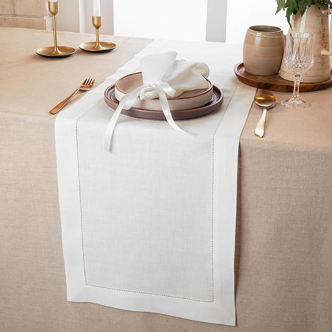 D'Moksha Homes Linen White Table Runner 90 Inches Long - Classic Hemstitch 100% Pure Linen White Dining Table Runner 14 x 90 Inch for Valentines, Spring, Easter