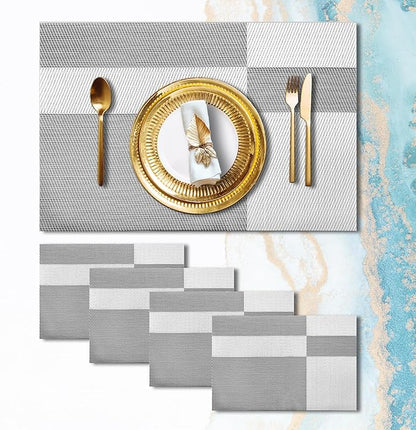 Placemats Set of 4 Vinyl Washable White Gray Placemats, 18"x12" Wipeable Heat-Resistant Non-Slip Easy Clean Table Mats Ideal for Dining Table Table Runner and Outdoor (4, White Square)