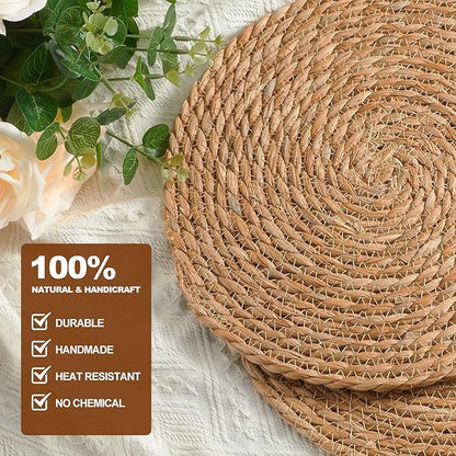 Round Woven Placemats 13.5 inch Set of 4 - Boho Rattan Placemat Natural Water Hyacinth Placemats, Farmhouse Weave Place Mats, Rustic Braided Wicker Table Mats for Dining Table,Home,Wedding