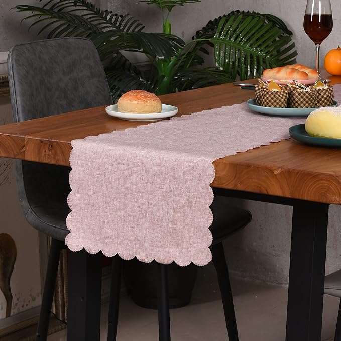 Pink Cotton Table Runner Farmhouse Scallop Style | Valentine's, Decorative - Image 2