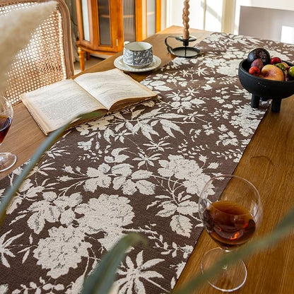 Floral Dark Brown Botanical Table Runner 13 x 48 Inch | Jacquard Flower - Image 3