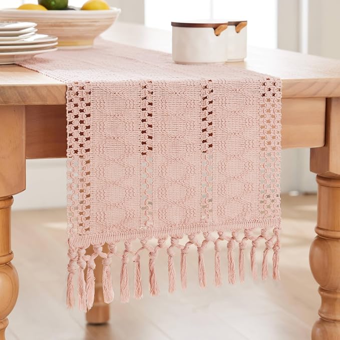 Macrame Style Boho Table Runner, 12x60 Inch Light Pink | Woven Boho Table Runner - Image 7