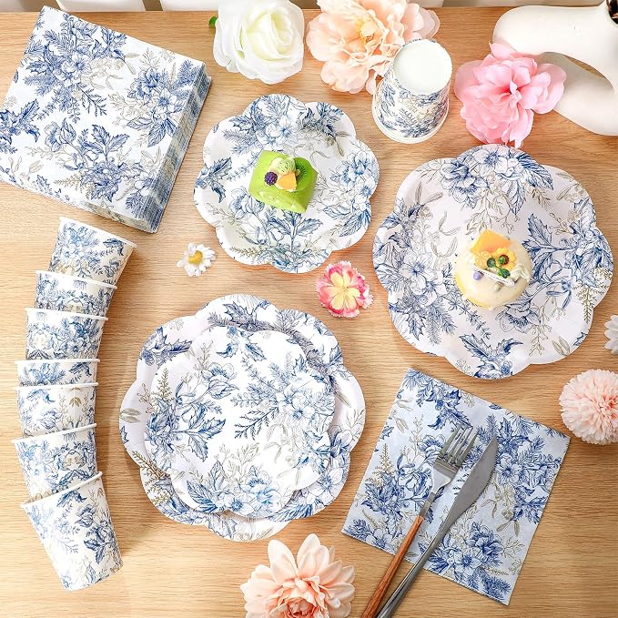 250 Pcs Blue Gold Floral Disposable Paper Plate Napkins | Bridal Shower Wedding - Image 4