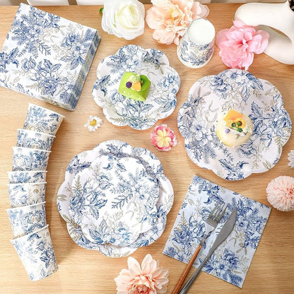 250 Pcs Blue Gold Floral Disposable Paper Plate Napkins | Bridal Shower Wedding - Image 4