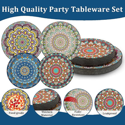 100PCS Boho Paper Plates 7Inch & 9Inch, Vintage Bohemian Disposable Dinnerware Plates for Birthday Gatherings Holiday Favor Baby Shower Party Supplies,50 Guests(Blue,Green,Red,Pink)