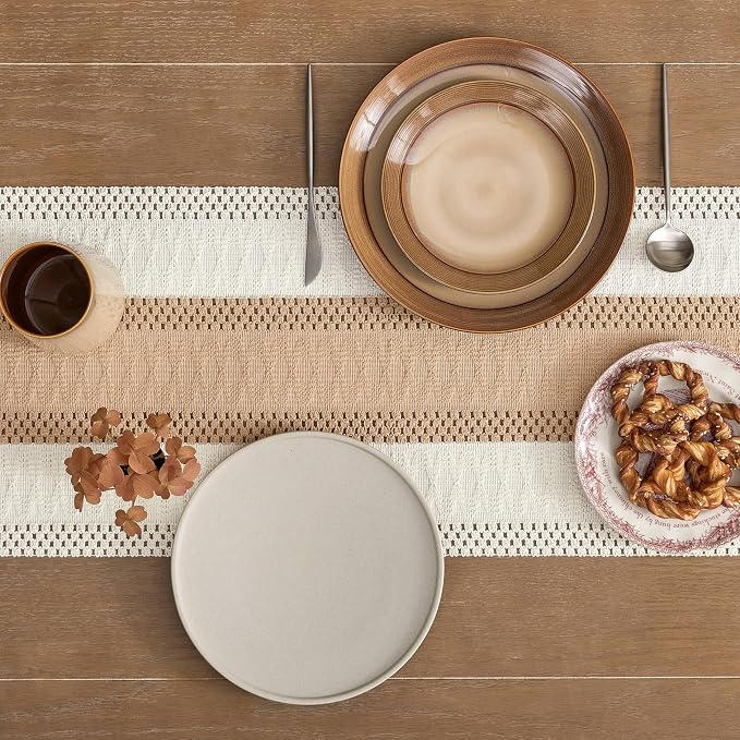 Macrame Style Bicolor Stitching Table Runner 14x60in Beige | Woven Boho Table - Image 5