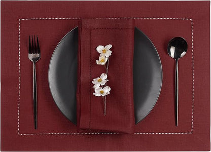 D'Moksha Homes Linen Placemats Set of 4 - Classic Hemstitch Dark Red Placemats 14 x 19 Inch - 100% Pure Linen Table Mats for Valentines, Spring - Handcrafted and Machine Washable