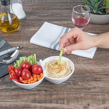 Restaurantware Voga 8.5 Ounce Divided Serving Dishes 10 Round Condiment Serving Dishes - 2 Compartments Serve Appetizers Snacks Dips Or Dressings White Melamine 2 Compartment Dishes