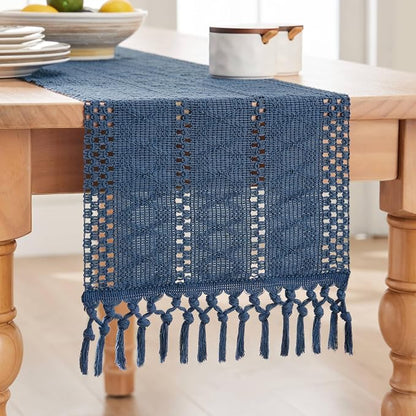 Macrame Style Boho Table Runner, 12x90 Inch Dusty Blue | Woven Boho Table Runner - Image 7