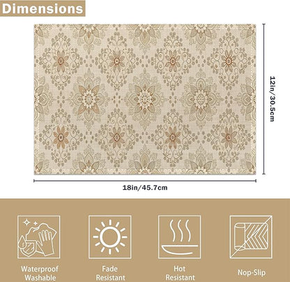 Elegant Beige and Brown Floral Pattern 12x18 Inch Placemats Set of 6 - Waterproof, Non-Slip & Washable Table Mats for Kitchen & Dining Table Placemats