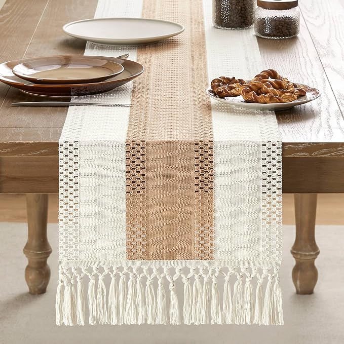 Macrame Style Bicolor Stitching Table Runner 14x36in Beige | Woven Boho Table - Image 2
