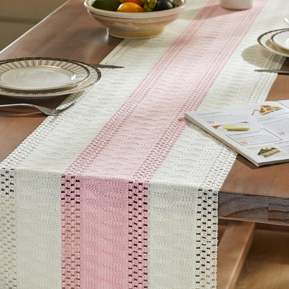 Macrame Style Bicolor Stitching Table Runner 14x72in Light Pink | Woven Boho - Image 5