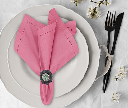 Ruvanti Premium Linen Napkins Set of 4-20x20 Inch, Classic Hemstitch, Mitered Corner Cloth Napkins ‎‎- Soft, Elegant Dinner Napkins Cloth Washable for Weddings, Parties, Everyday Use - Pink