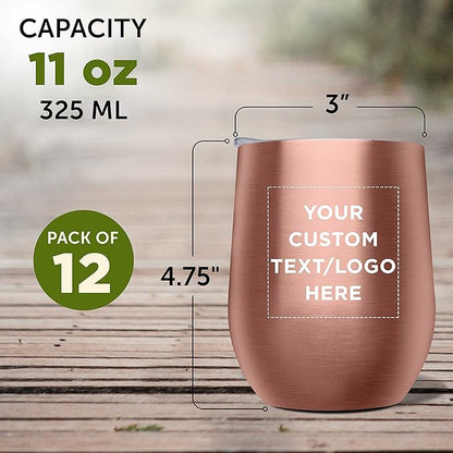 Custom Stemless Wine Glass Tumblers with Lids by Largo 11 oz. Set of 12, Personalized Bulk Pack - Perfect for Wine, Cocktails, Other Hot & Cold Beverages - Rose Gold