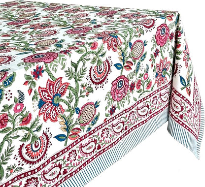 ATOSII Ruby 100% Cotton Square Summer Tablecloth, Block Print Floral Table Cloth for Dining Table, Parties, Weddings, Outdoors Grand Millenial Decor I 60 X 60 Inches I 4 Seater I
