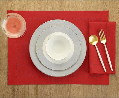 Solino Home Linen Placemats Set of 4 - Classic Hemstitch Red Placemats 14 x 19 Inch - 100% Pure Linen Table Mats for Holiday