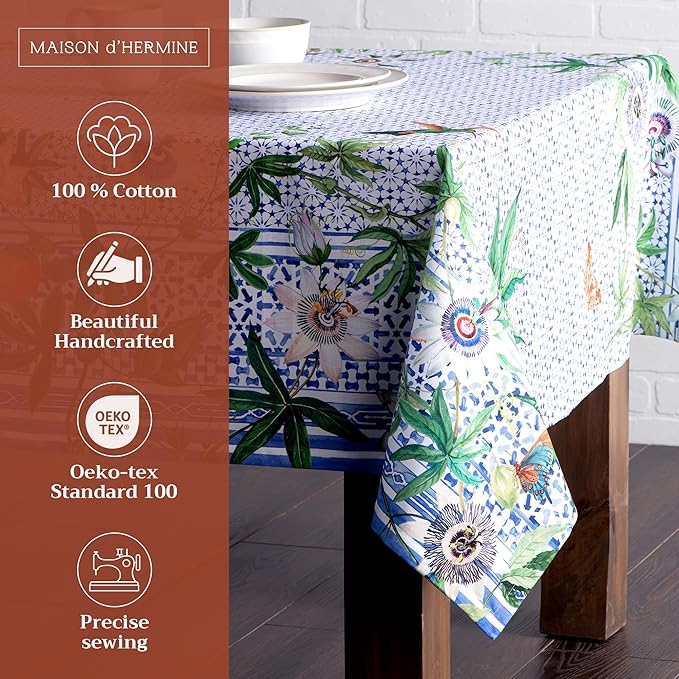Maison d' Hermine Table Cloth Rectangle Table 100% Cotton 54 x 72 Inches Tablecloth Reusable Decorative for Dining Room Farmhouse Home Valentines Day Decorations Spring Summer - Passiflora