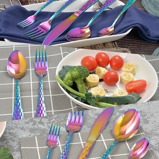 Hammered Silverware Set 20 Pieces, 18/10 Stainless Steel Colorful Silverware Set - Image 5
