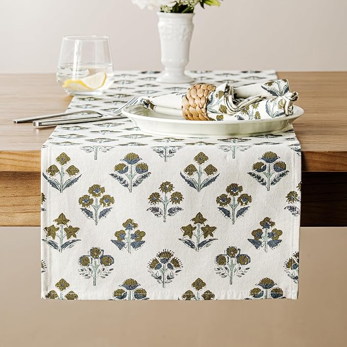 Block Print Floral Decorative Table Runners, 13x60 Inch Brown | 100% Organic by Unknown